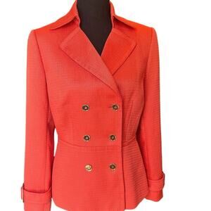 Tahari ASL Double Breasted Blazer w/ Belted Cuffs & Gold Buttons Orange Red SZ.4